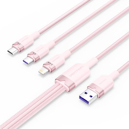 Vention USB-A 2.0/M -> USB-C/Lightning/Micro USB-B, 1,5m,(pink,6A,3in1), kábel