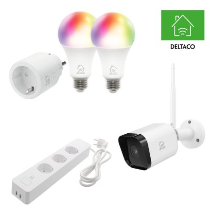 Deltaco SMART HOME SH-KIT03 szett, 1db aljzat, 2db izzó (SH-P01), 1db kamera (SH-IPC07), 1db elosztó (SH-P03USB2)