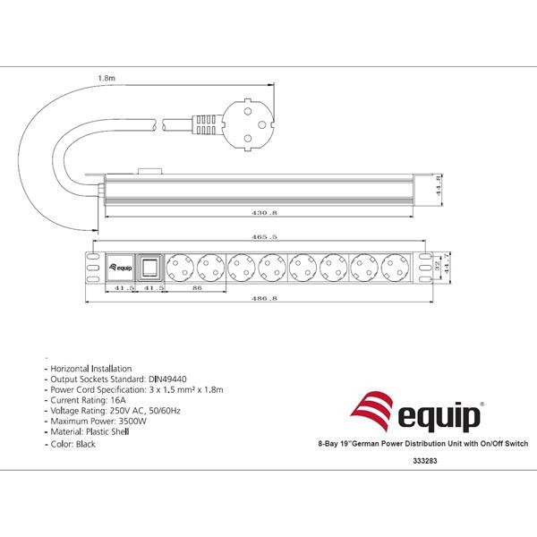 Equip Rack Kiegészítő - 333283 (Hálózati elosztó (PDU), 1U(19"), 8 x Schuko, kapcsoló, fekete)